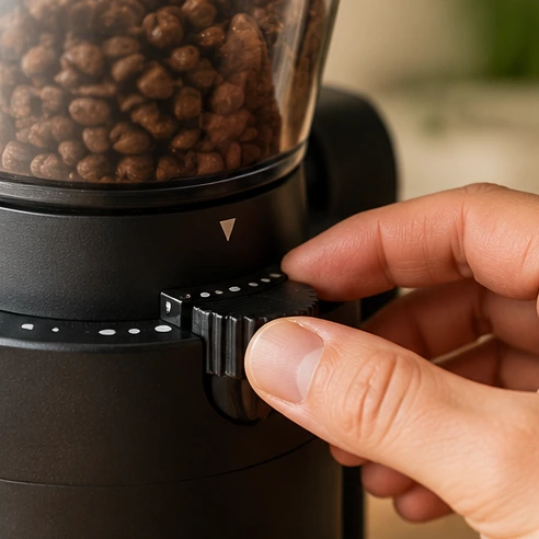 Photorealistic illustration: adjust the burr grinder when troubleshooting French press coffee