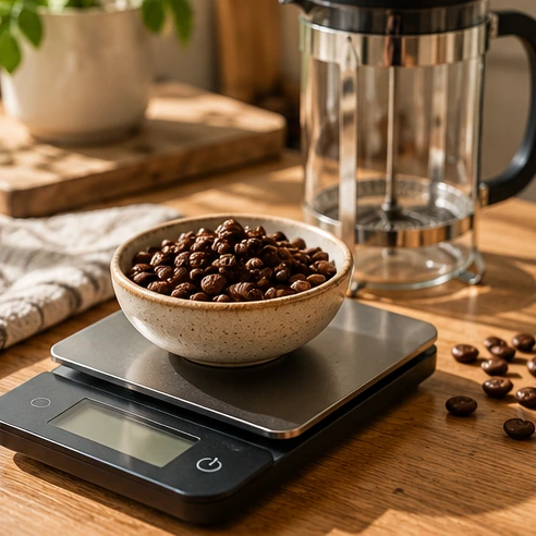 Photorealistic illustration: weigh a consistent recipe when troubleshooting French press coffee