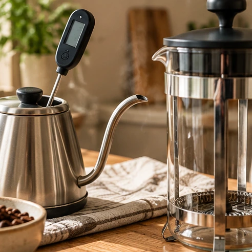 Photorealistic illustration: check water temperature when troubleshooting French press coffee