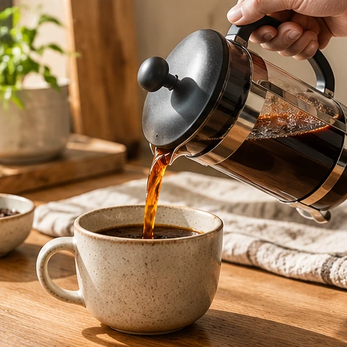 Photorealistic illustration: decant and taste when troubleshooting French press coffee