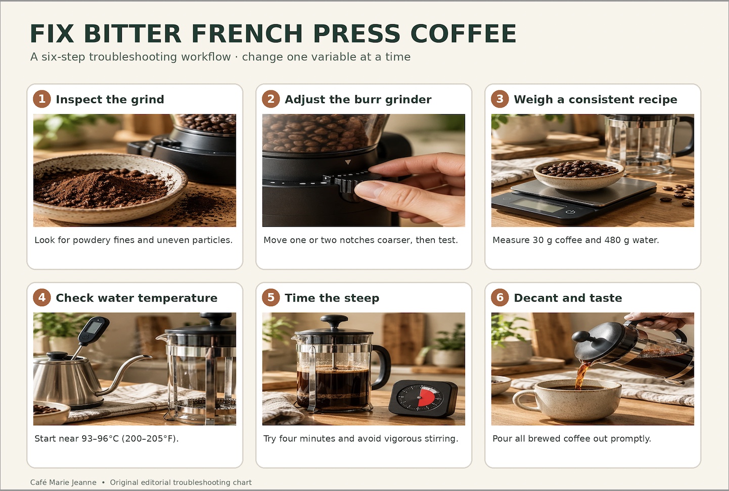 Six step process chart: inspect grind, adjust grinder, weigh coffee, check water temperature, time steep and decant