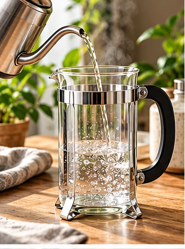 Illustration of French press coffee brewing step 1: preheat the french press