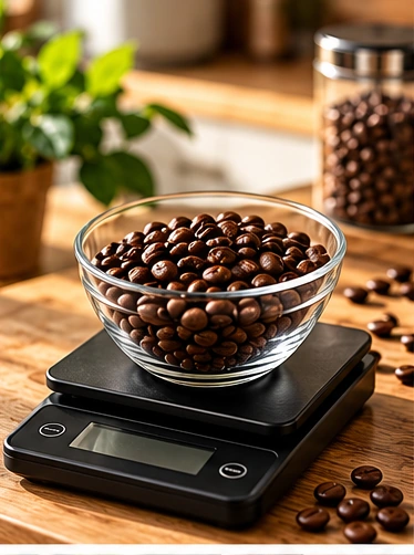 Illustration of French press coffee brewing step 2: weigh 30 grams of coffee