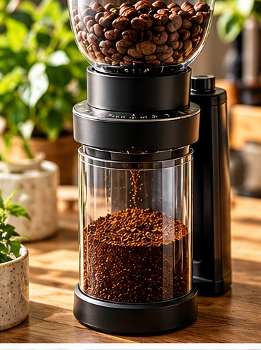 Illustration of French press coffee brewing step 3: grind the beans medium-coarse
