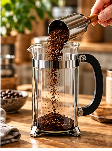 Illustration of French press coffee brewing step 4: add the grounds to the press