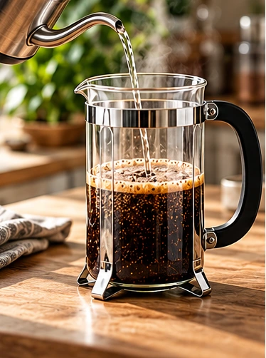 Illustration of French press coffee brewing step 5: pour 480 grams of hot water