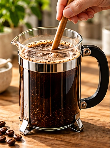 Illustration of French press coffee brewing step 6: stir gently to wet the coffee
