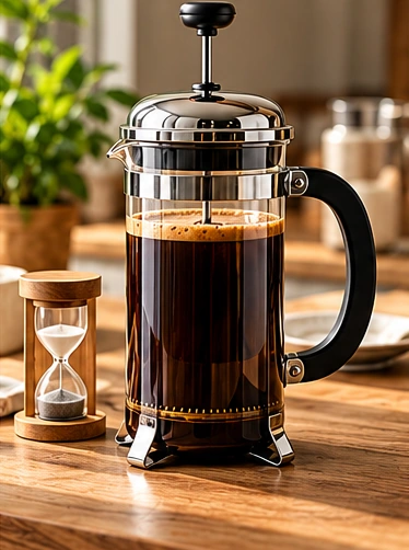 Illustration of French press coffee brewing step 7: let the coffee steep for about four minutes