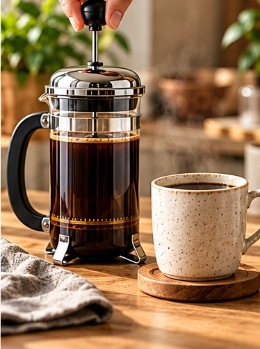 Illustration of French press coffee brewing step 8: press slowly and decant immediately
