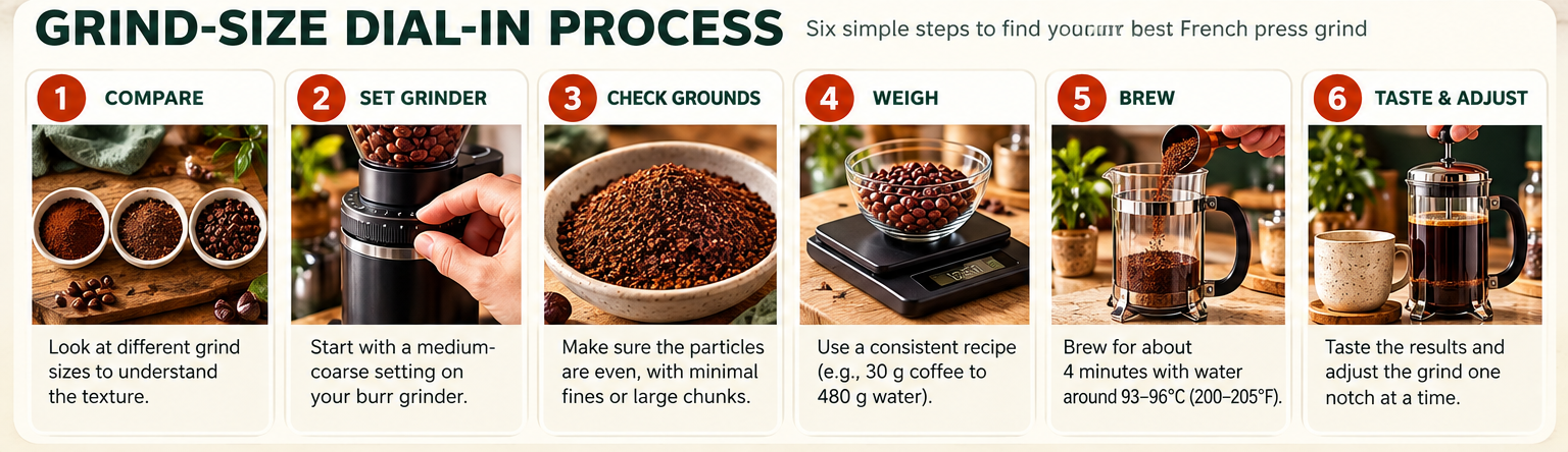Six-step process chart for dialing in French press coffee grind size