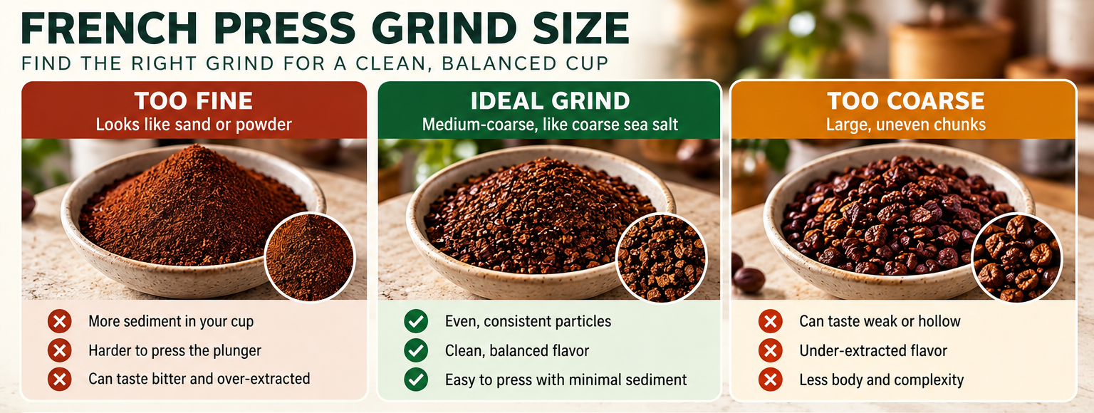French press grind size chart comparing fine, medium-coarse, and very coarse grounds