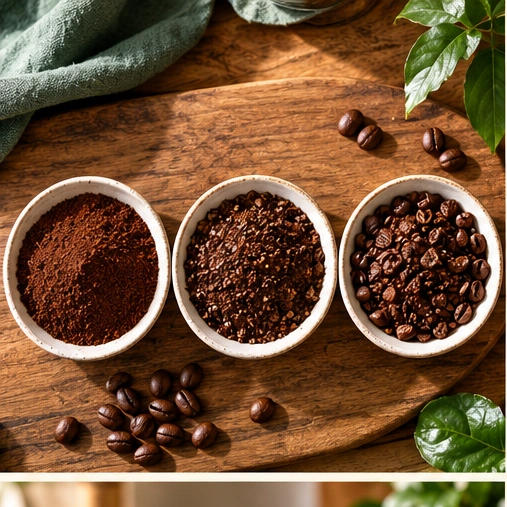 Compare fine, medium-coarse, and coarse coffee grounds.