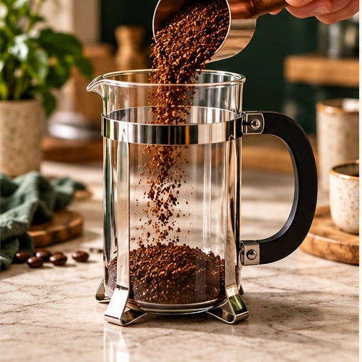 Add the grounds and brew a consistent French press test.