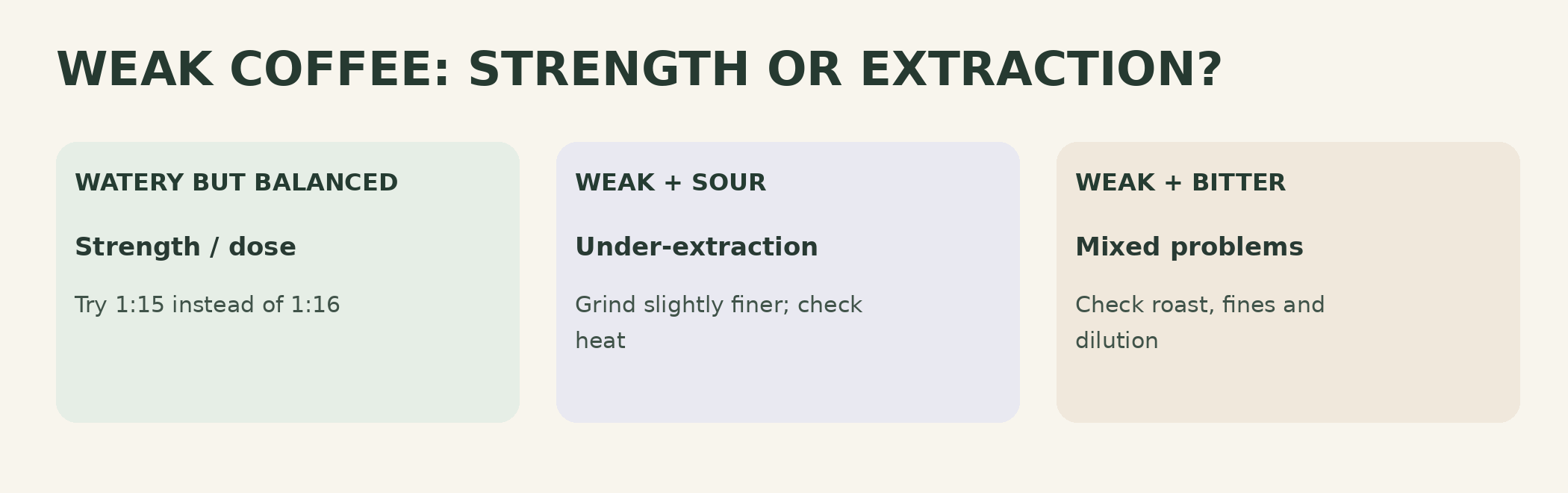 Comparison chart distinguishing watery balanced coffee, weak sour coffee and weak bitter coffee