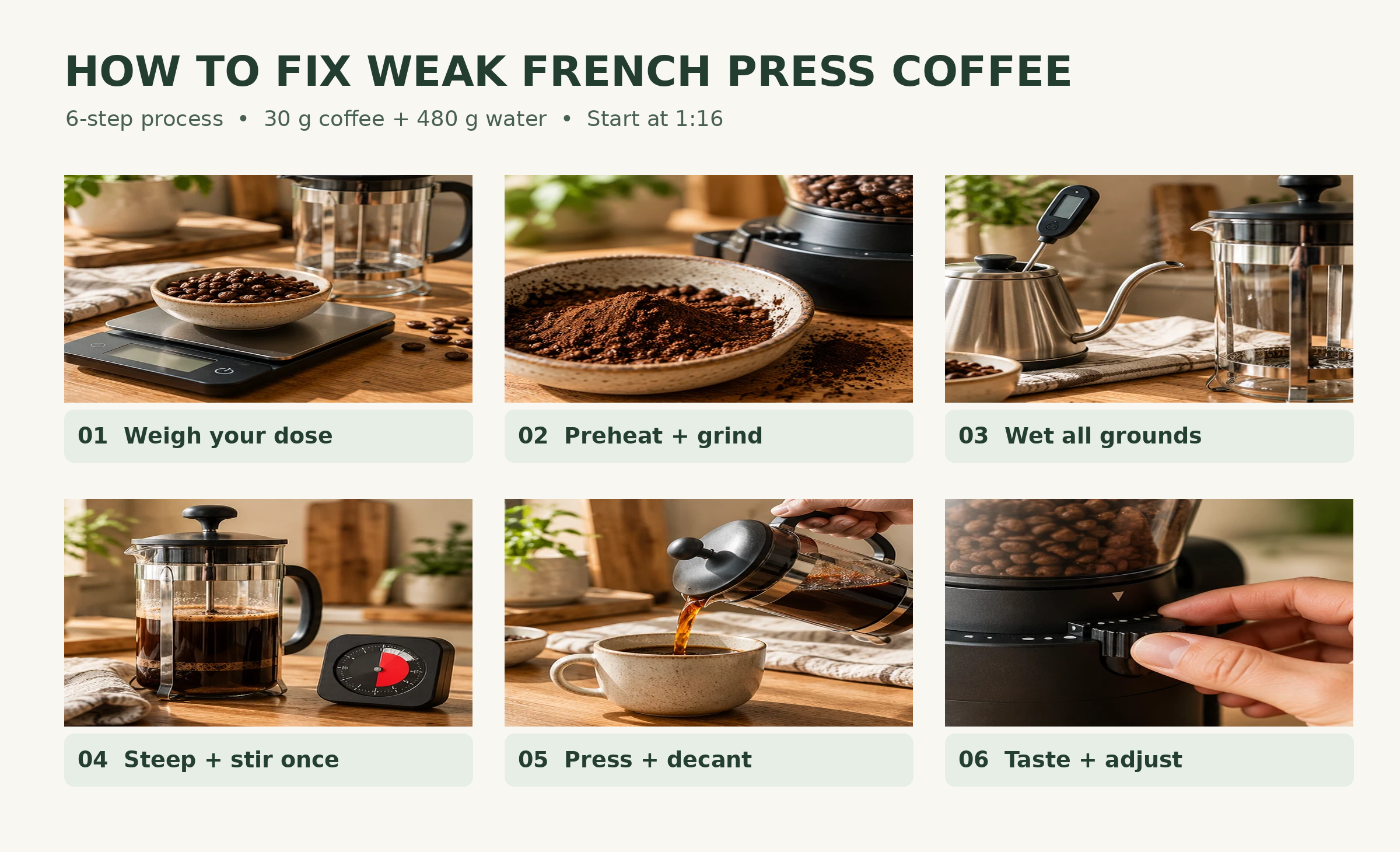 Six illustrated steps for fixing weak French press coffee: weigh, grind, preheat, wet, steep and decant
