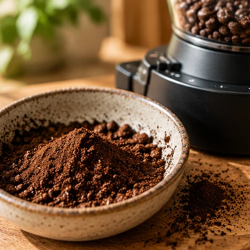 Coffee grounds and grinder used to adjust grind consistency