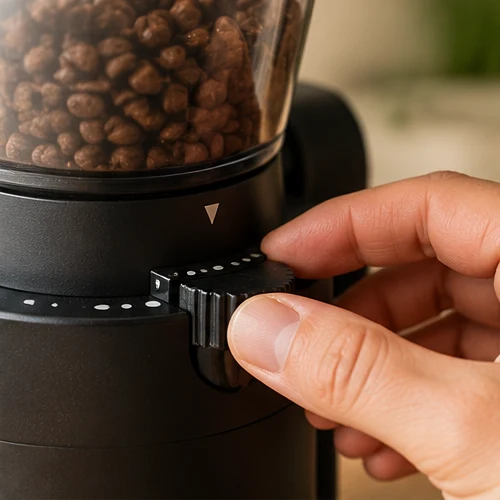 Hand adjusting a burr grinder for the next brewing test
