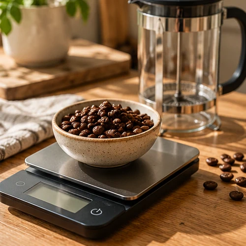 Coffee beans weighed on a digital scale beside a French press