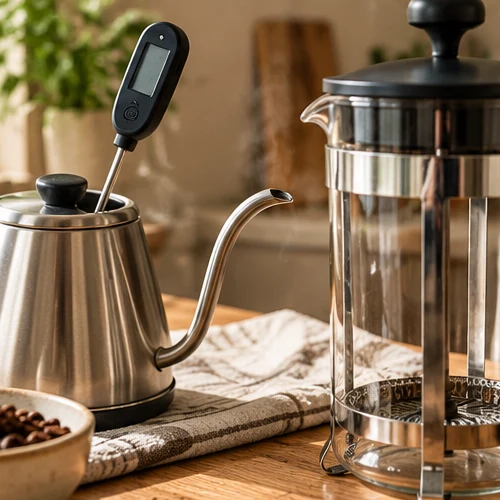 Gooseneck kettle and thermometer used to prepare brewing water