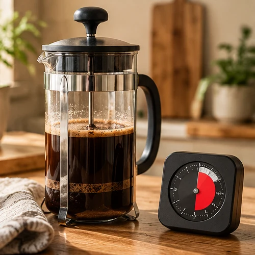 French press coffee steeping next to a timer