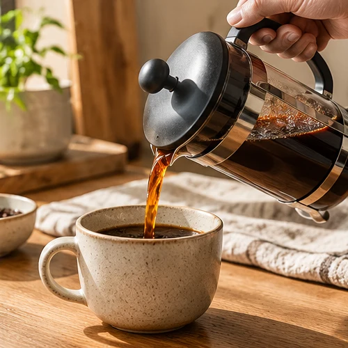 French press pouring brewed coffee into a ceramic cup